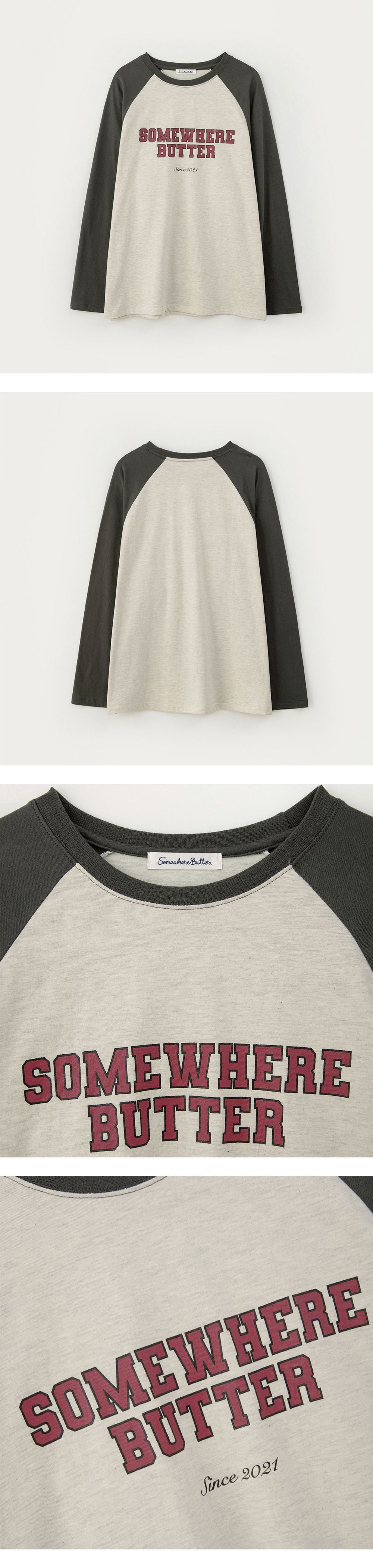 SOMEWHEREBUTTER [11th] Raglan Campus Logo Long Top - Oatmeal(Khaki)