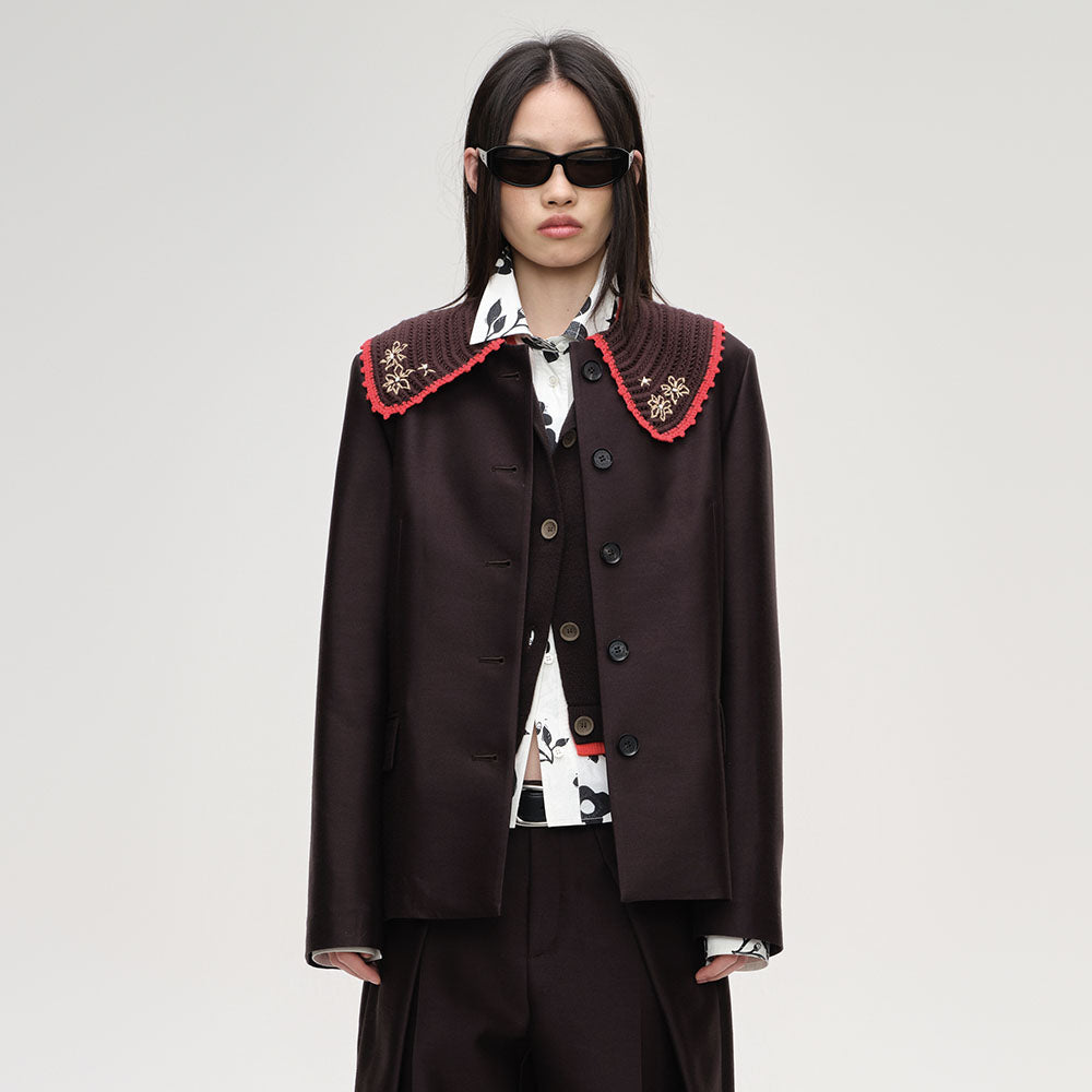 SHORT SENTENCE (concierge) (W) DETACHABLE KNITTED COLLAR BLAZER (CHESTNUT BROWN)