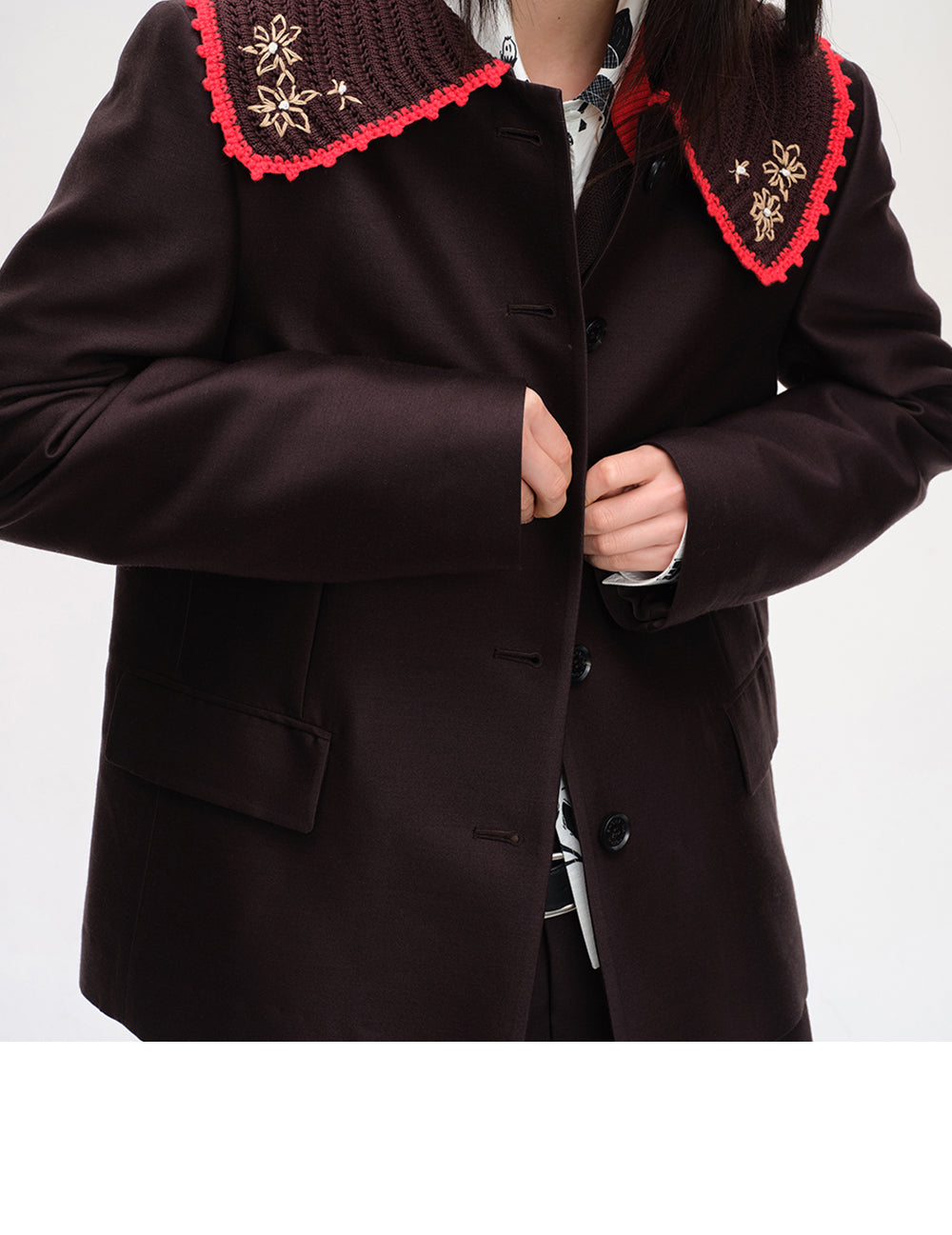 SHORT SENTENCE (concierge) (W) DETACHABLE KNITTED COLLAR BLAZER (CHESTNUT BROWN)