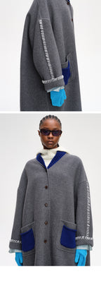 SHORT SENTENCE (concierge) (W) KNITTED LAPEL DOUBLE-FACE WOOL COAT (MEDIUM GREY MELANGE)