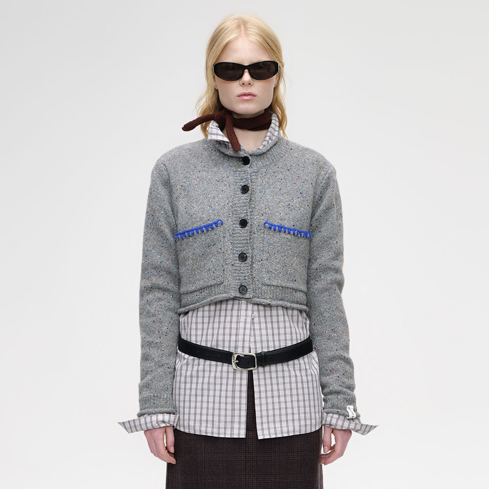 SHORT SENTENCE (concierge) (W) LARGE POCKETS SHORT KNIT CARDIGAN (GREY MELANGE)