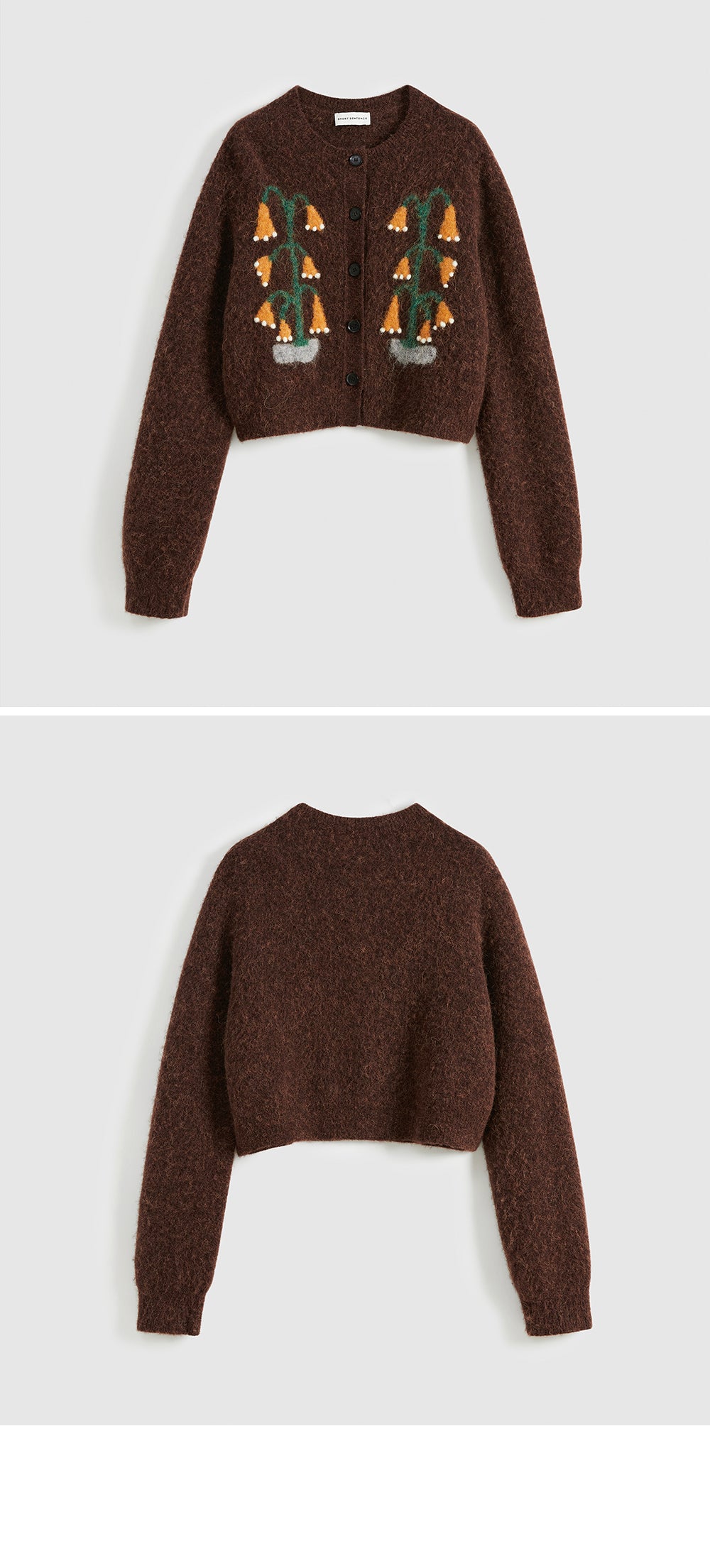 SHORT SENTENCE (concierge) (W) JACQUARD KNITTED CREW NECK CARDIGAN (BROWN)