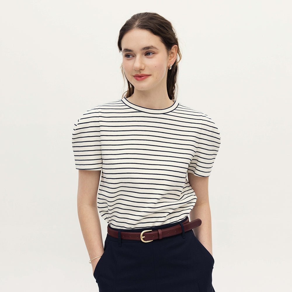 AND YOU Keywaydin chin sleeve T-shirt (Ivory/Navy stripe/Cream stripe)