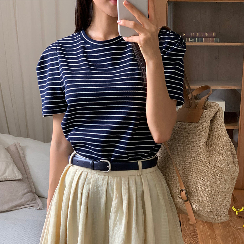 AND YOU Keywaydin chin sleeve T-shirt (Ivory/Navy stripe/Cream stripe)