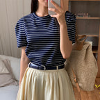 AND YOU Keywaydin chin sleeve T-shirt (Ivory/Navy stripe/Cream stripe)