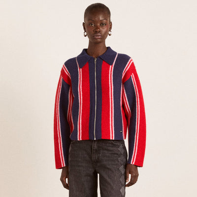 (W) BIBI BOXY REVERSIBLE CARDIGAN - VERTICAL STRIPE (RED)