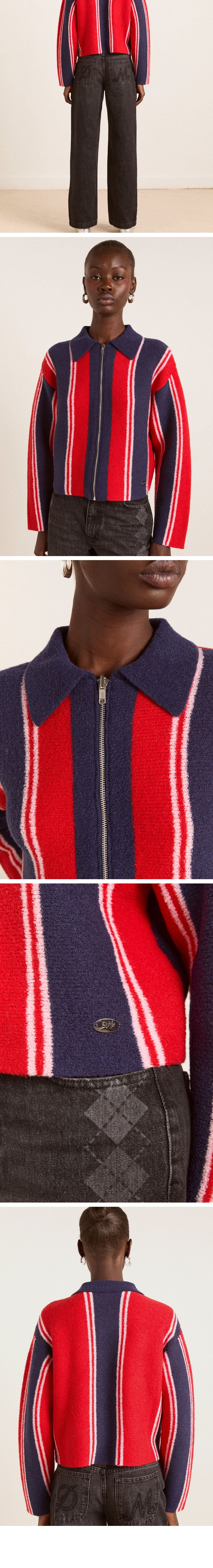 DAMSON MADDER (W) BIBI BOXY REVERSIBLE CARDIGAN - VERTICAL STRIPE (RED)