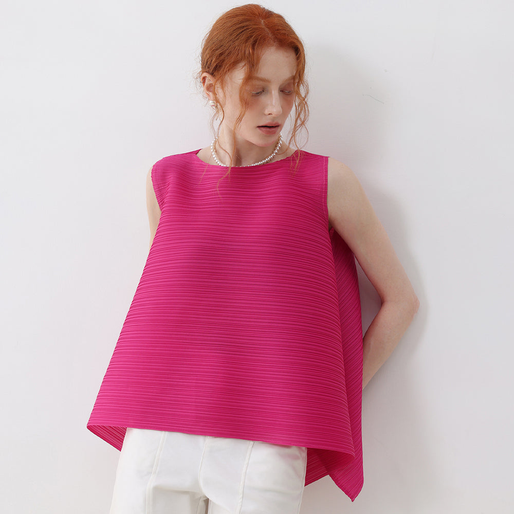 PLEATSMOOD Fine flare sleeveless pleated blouse_hotpink