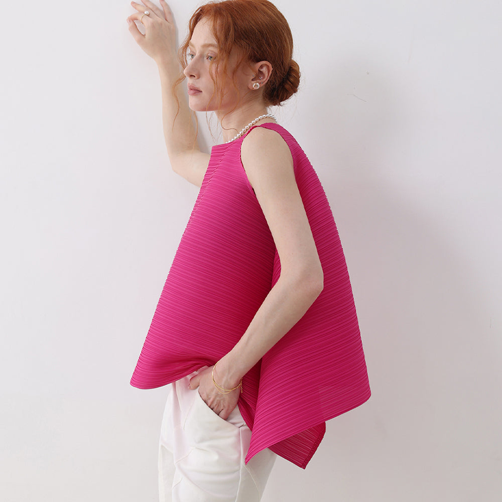 PLEATSMOOD Fine flare sleeveless pleated blouse_hotpink