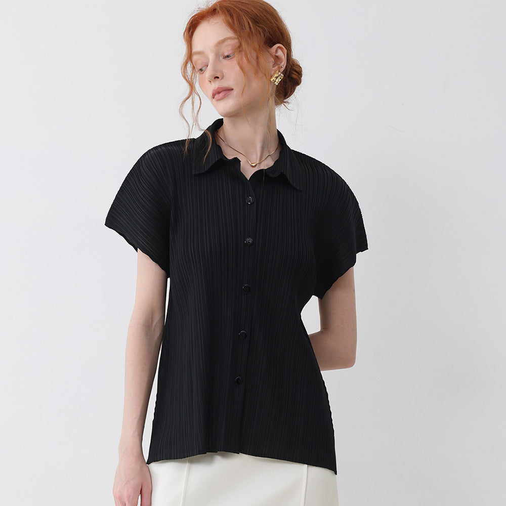 PLEATSMOOD Tinted collar pleated shirt_black
