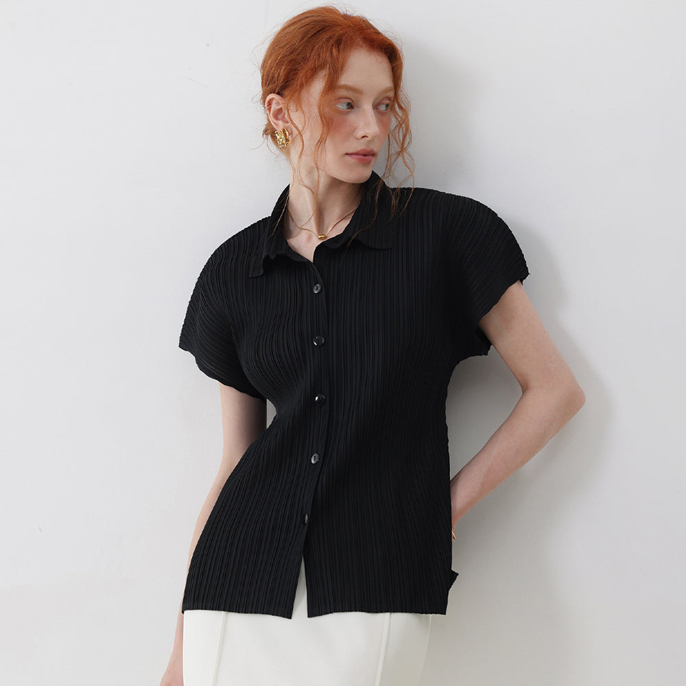 PLEATSMOOD Tinted collar pleated shirt_black