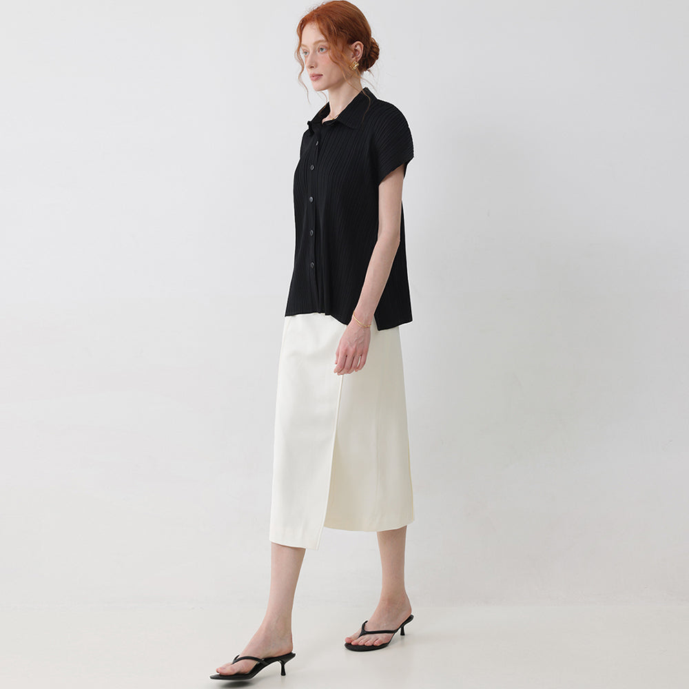 PLEATSMOOD Tinted collar pleated shirt_black