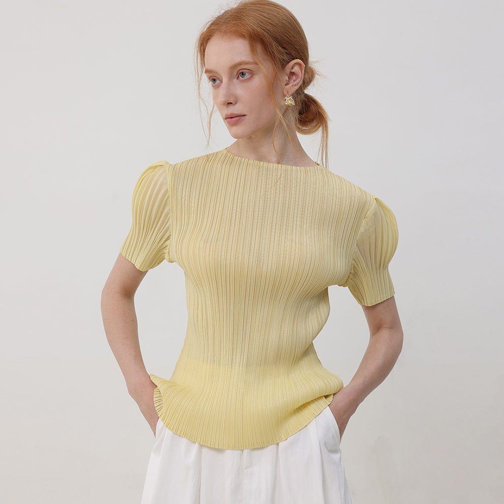 PLEATSMOOD Melo volume shirring pleated top_yellow