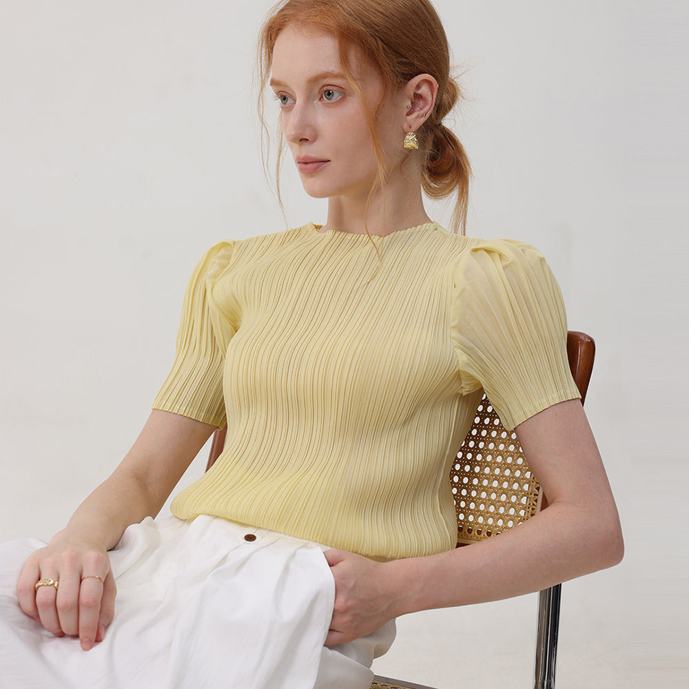PLEATSMOOD Melo volume shirring pleated top_yellow