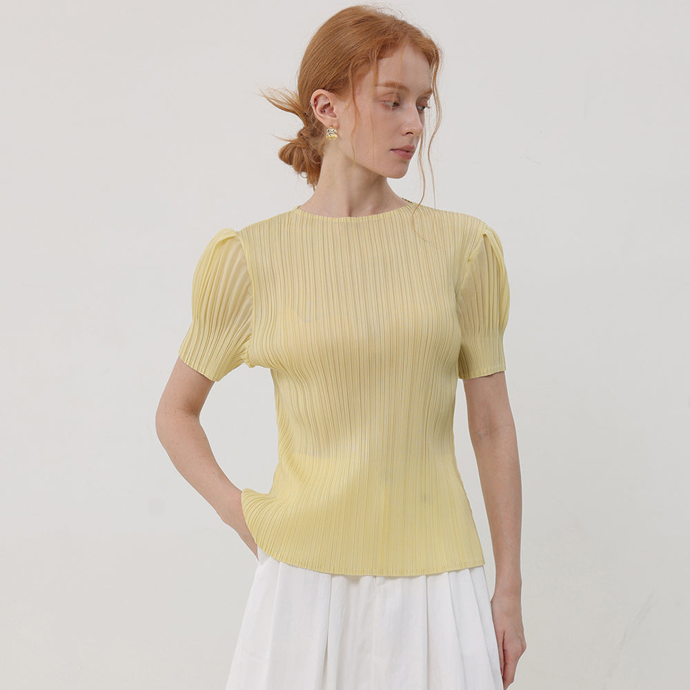 PLEATSMOOD Melo volume shirring pleated top_yellow