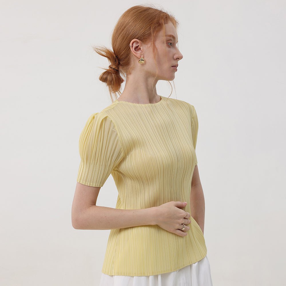 PLEATSMOOD Melo volume shirring pleated top_yellow