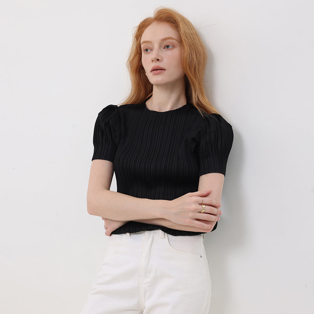 PLEATSMOOD Melo volume shirring pleated top_black