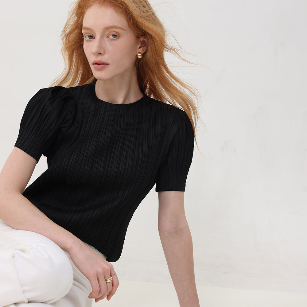 PLEATSMOOD Melo volume shirring pleated top_black