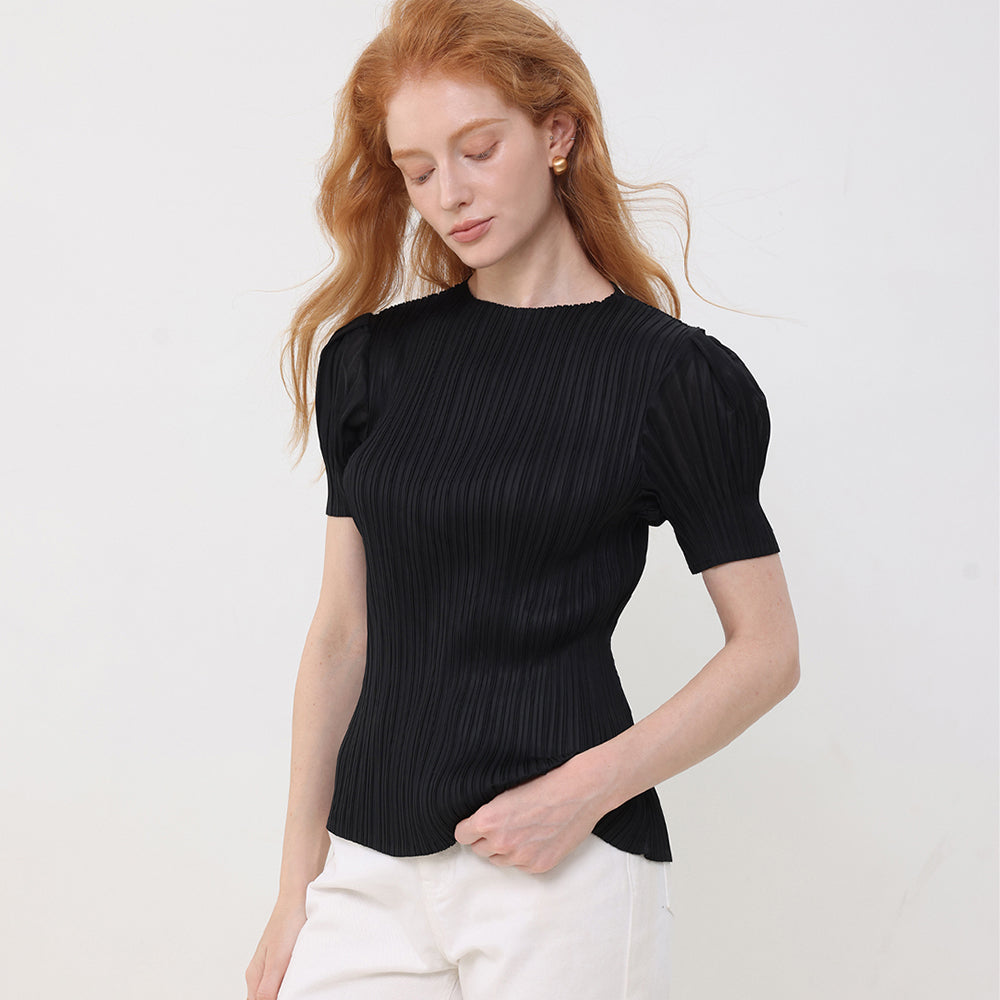 PLEATSMOOD Melo volume shirring pleated top_black