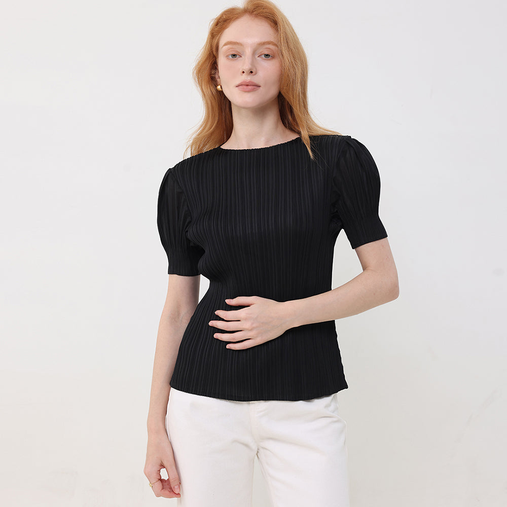 PLEATSMOOD Melo volume shirring pleated top_black
