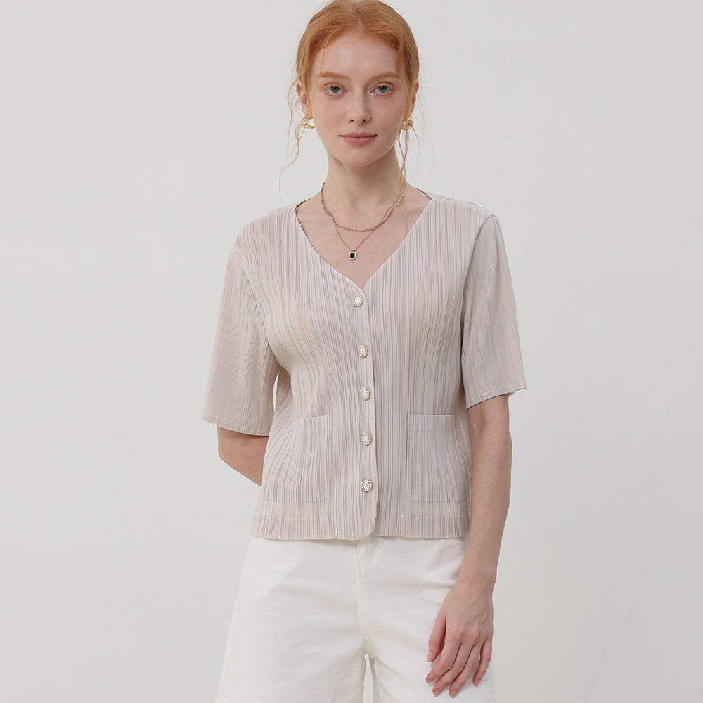 PLEATSMOOD Tweedy pleated short sleeve jacket blouse_lightbeige