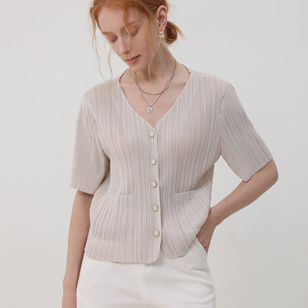 PLEATSMOOD Tweedy pleated short sleeve jacket blouse_lightbeige