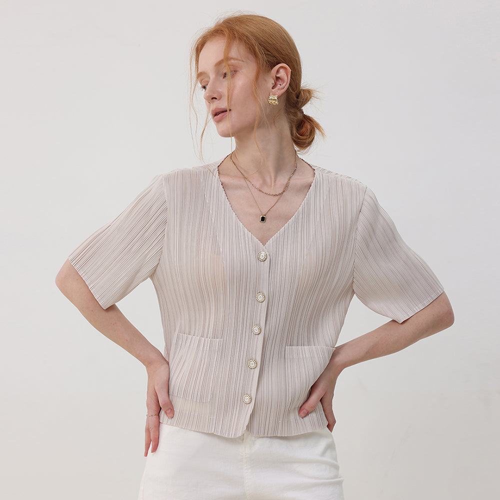 PLEATSMOOD Tweedy pleated short sleeve jacket blouse_lightbeige