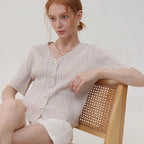 PLEATSMOOD Tweedy pleated short sleeve jacket blouse_lightbeige