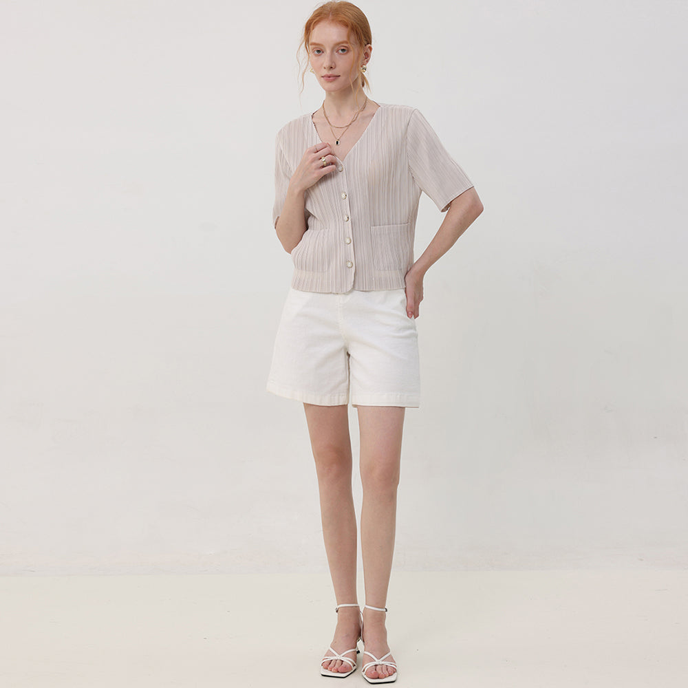 PLEATSMOOD Tweedy pleated short sleeve jacket blouse_lightbeige