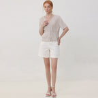 PLEATSMOOD Tweedy pleated short sleeve jacket blouse_lightbeige