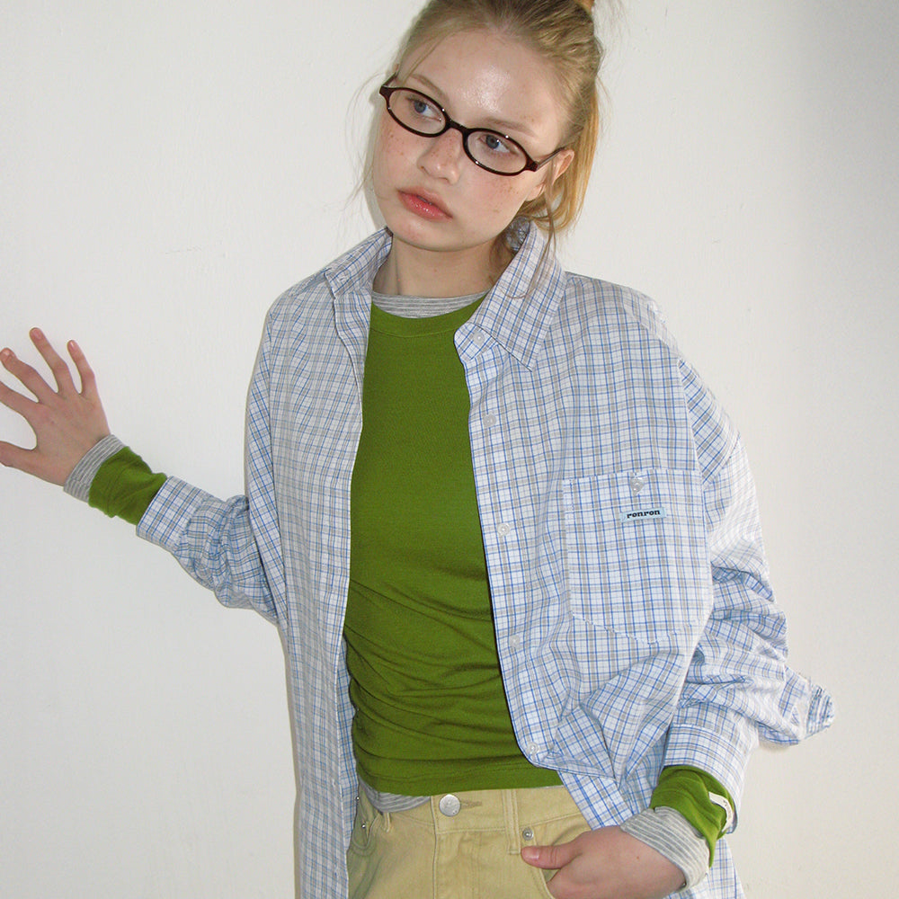 RONRON BUTTON POCKET OVERSIZED SHIRT BLUE CHECK
