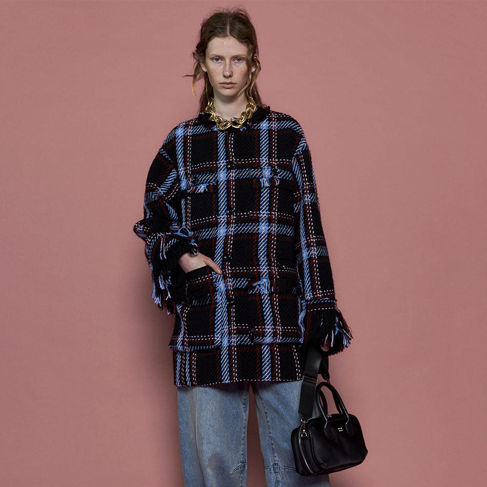 MAISON SPECIAL FRINGE TWEED JACKET COAT (NVY)
