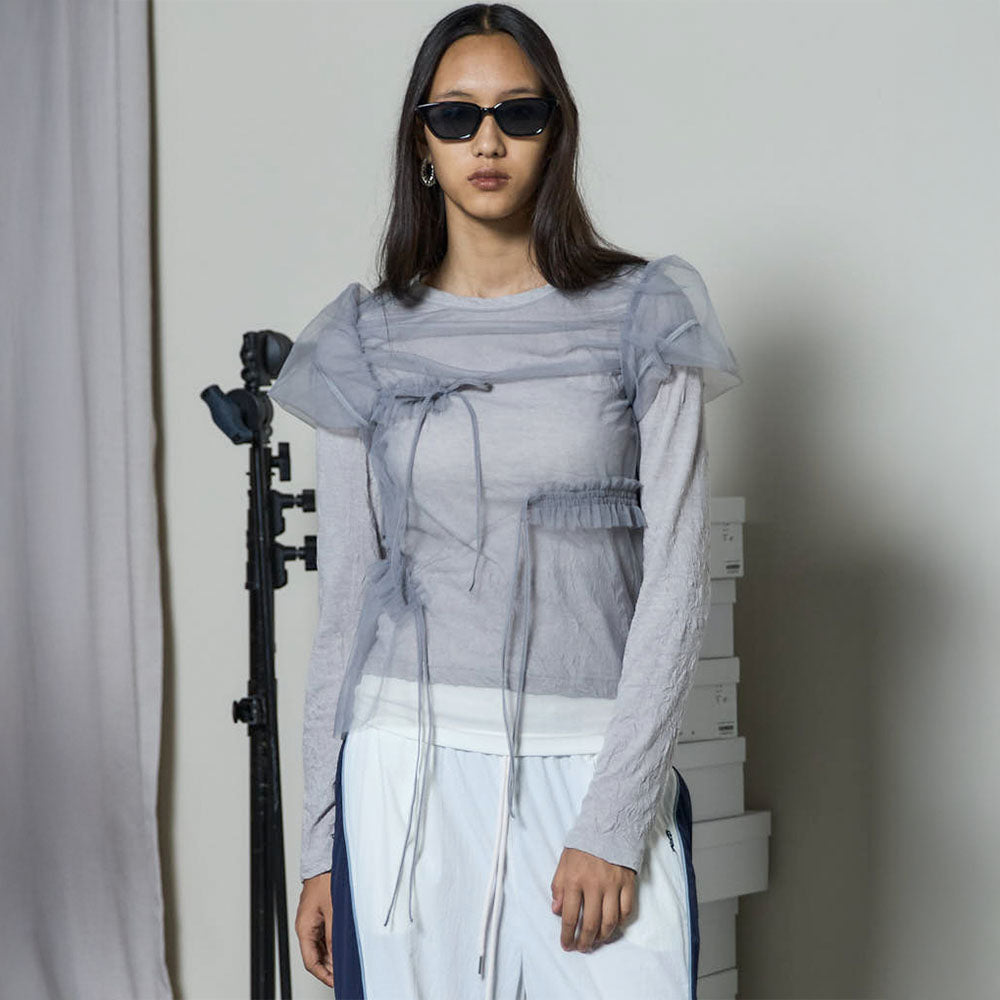 MAISON SPECIAL SHIRRING MINI PUFF SLEEVE TOPS (GRY)
