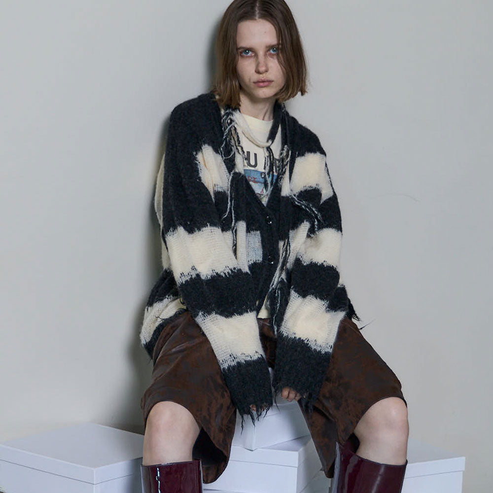MAISON SPECIAL SCARF COMBINATION STRIPED CARDIGAN (BLK)