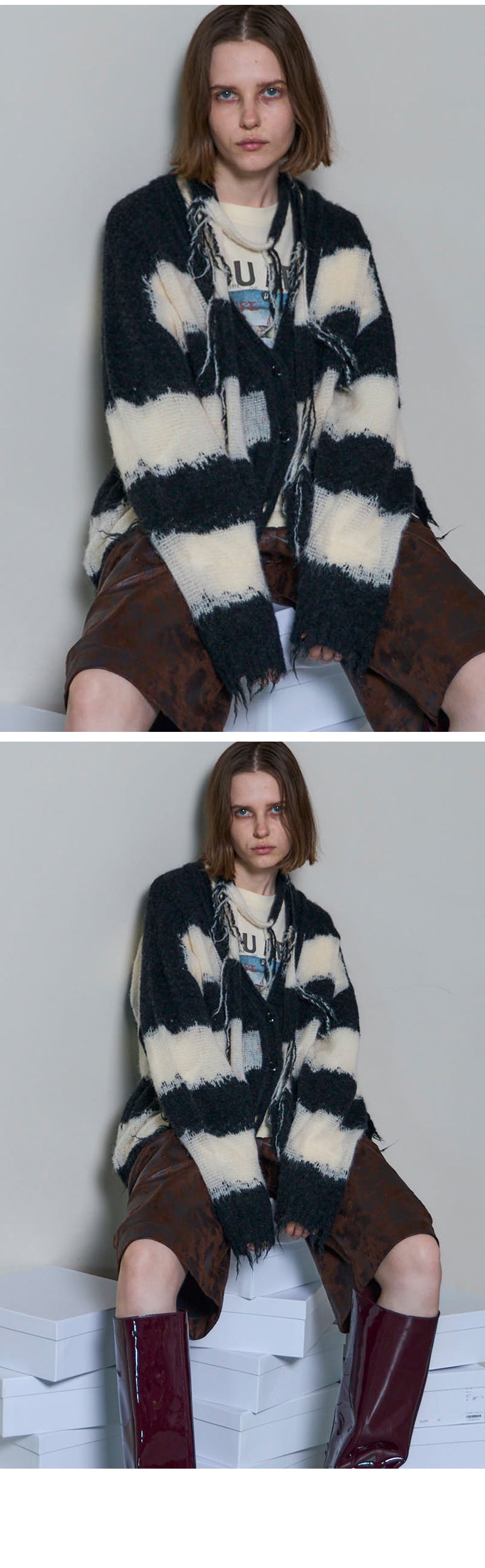 MAISON SPECIAL SCARF COMBINATION STRIPED CARDIGAN (BLK)