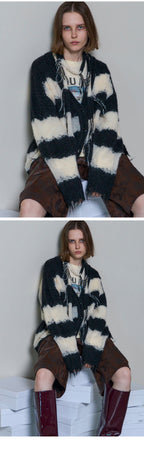MAISON SPECIAL SCARF COMBINATION STRIPED CARDIGAN (BLK)