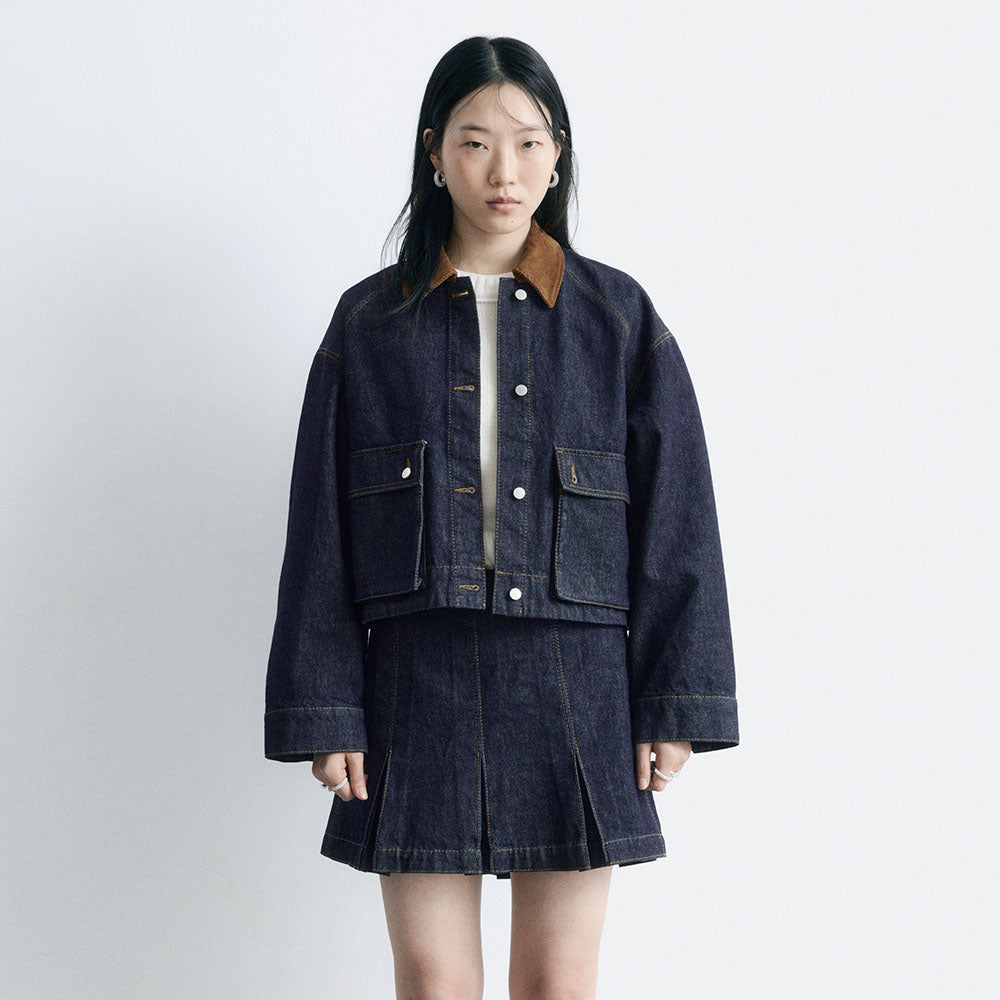 & Other Stories Short Cord Collar Denim Jacket (Dark Blue)