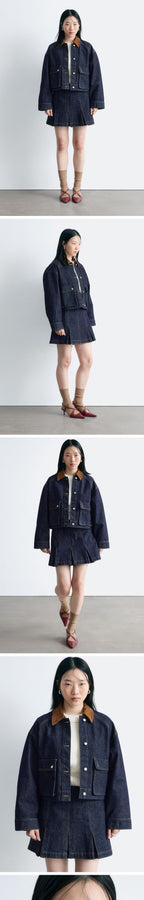 & Other Stories Short Cord Collar Denim Jacket (Dark Blue)