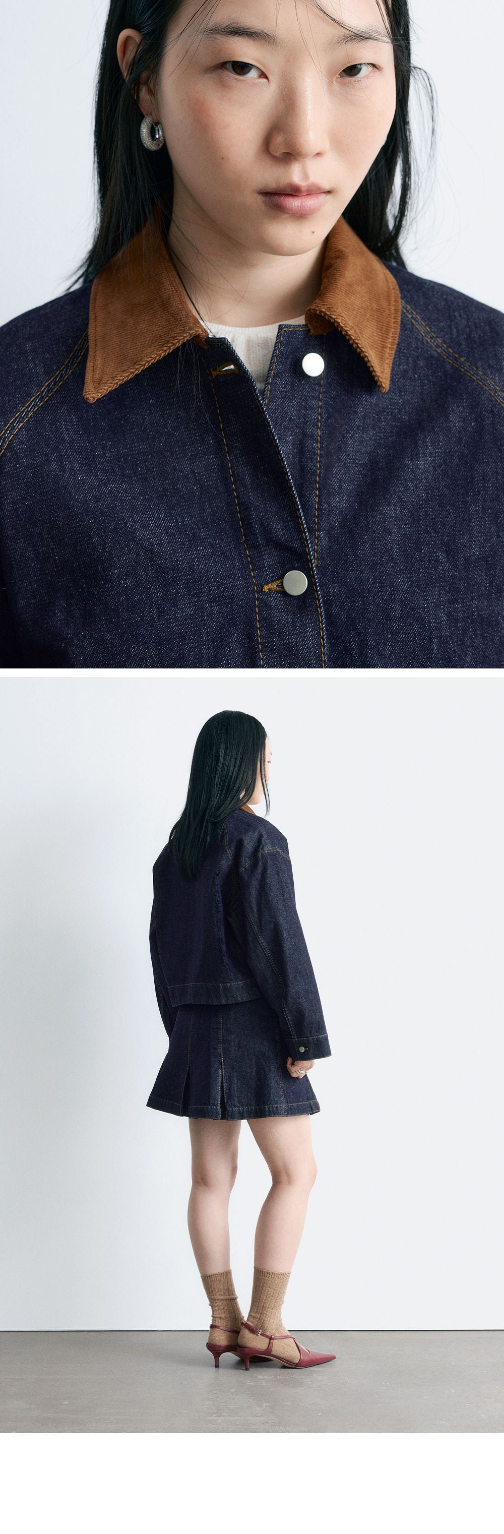 & Other Stories Short Cord Collar Denim Jacket (Dark Blue)