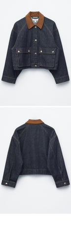 & Other Stories Short Cord Collar Denim Jacket (Dark Blue)
