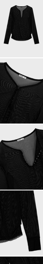 OPEN YY MESH HOOK HENLEY LONG SLEEVE (BLACK)