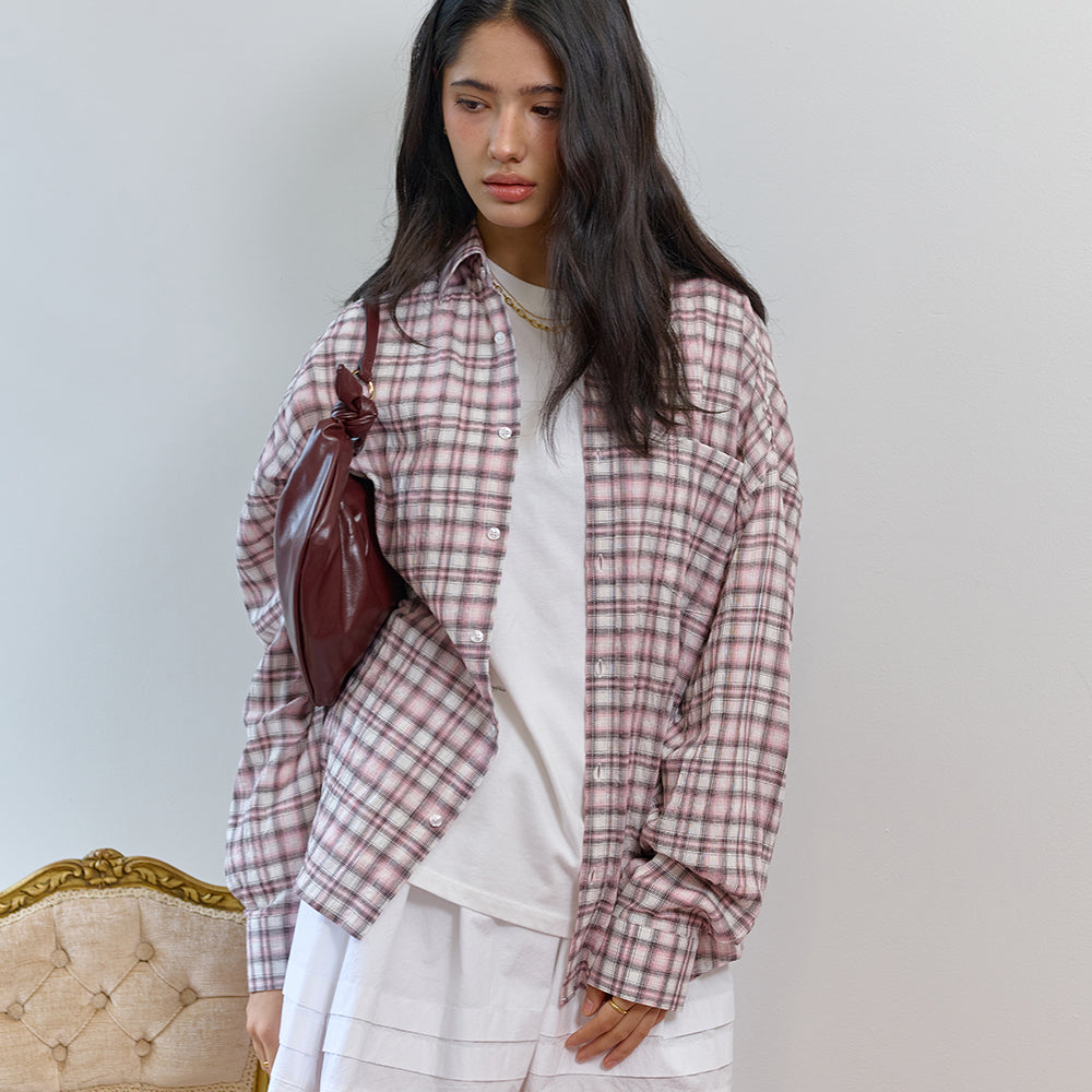 BITTERCELLS Oversized Blurry Check Shirt-Pink