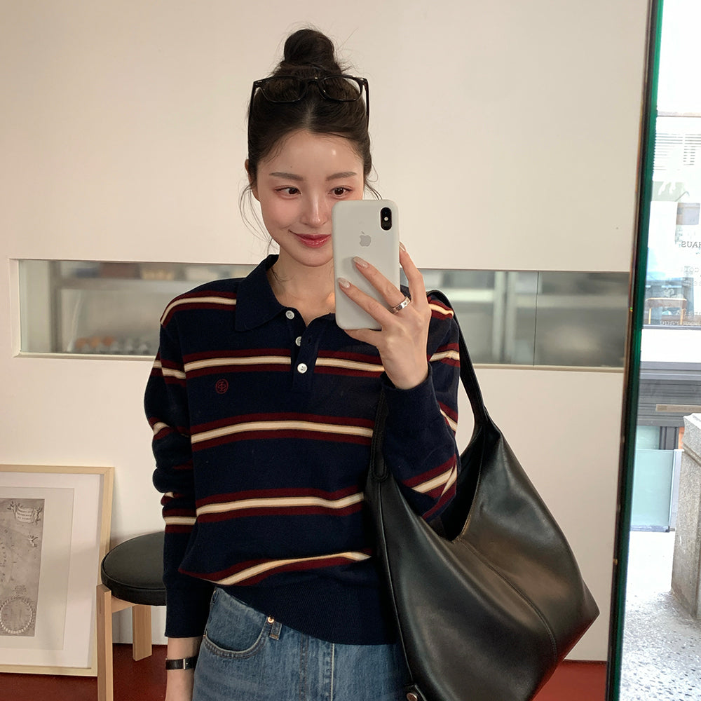 Siyazu [29CM Exclusive] SIKN2136 Classic Striped Collar Knit_Navy