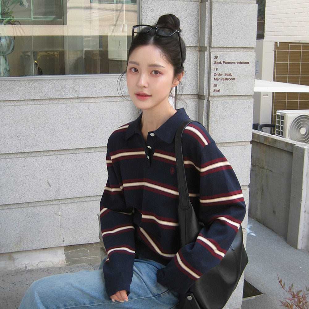 Siyazu [29CM Exclusive] SIKN2136 Classic Striped Collar Knit_Navy