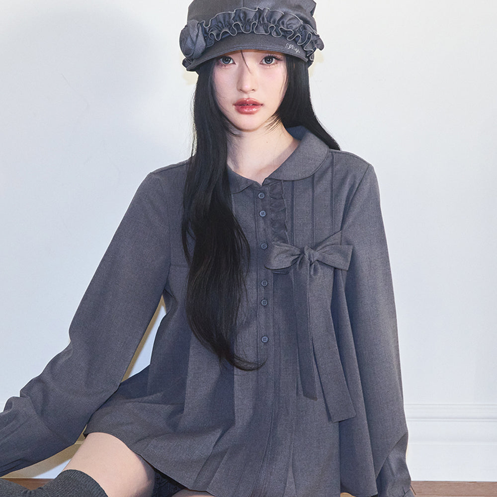 ILLIGO Ribbon pleated blouse gray