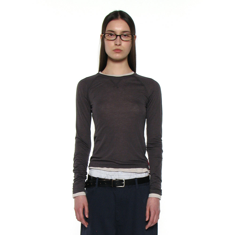 PARTIMENTO WOMEN PWC SHEER RAGLAN STITCH LONG SLEEVE TEE_CHARCOAL
