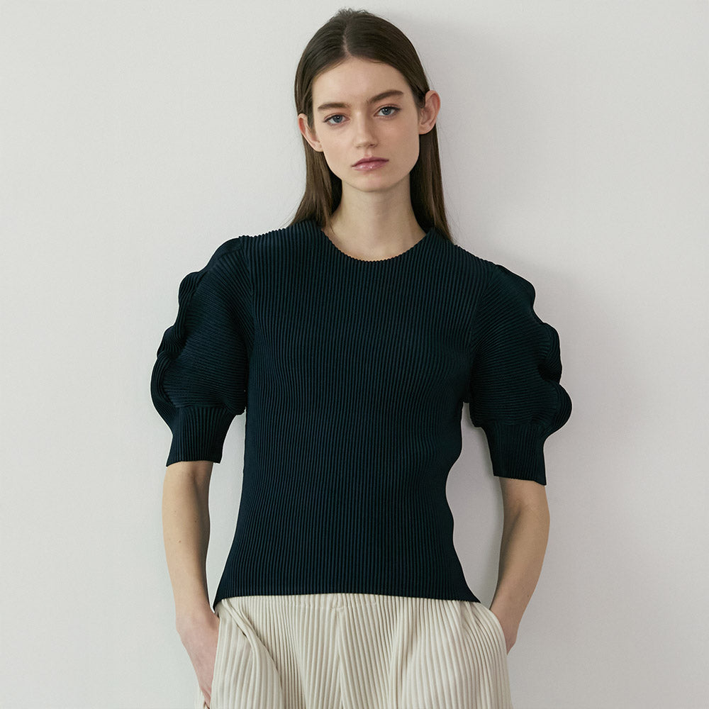 YOYOYOY Wave short sleeve pleated blouse_2colors
