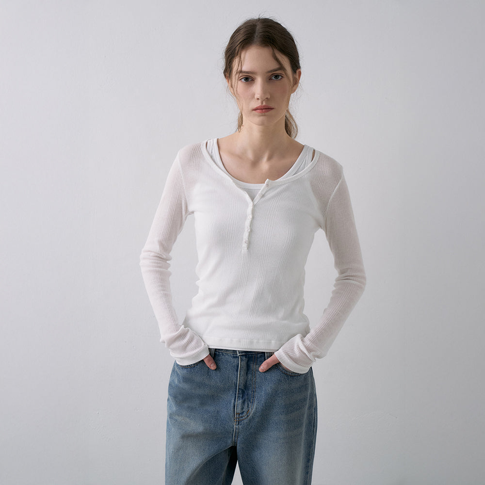 LAMEREI [5th ​​reorder]Button U-Neck T-Shirt[LMBFSPTT613]-4color