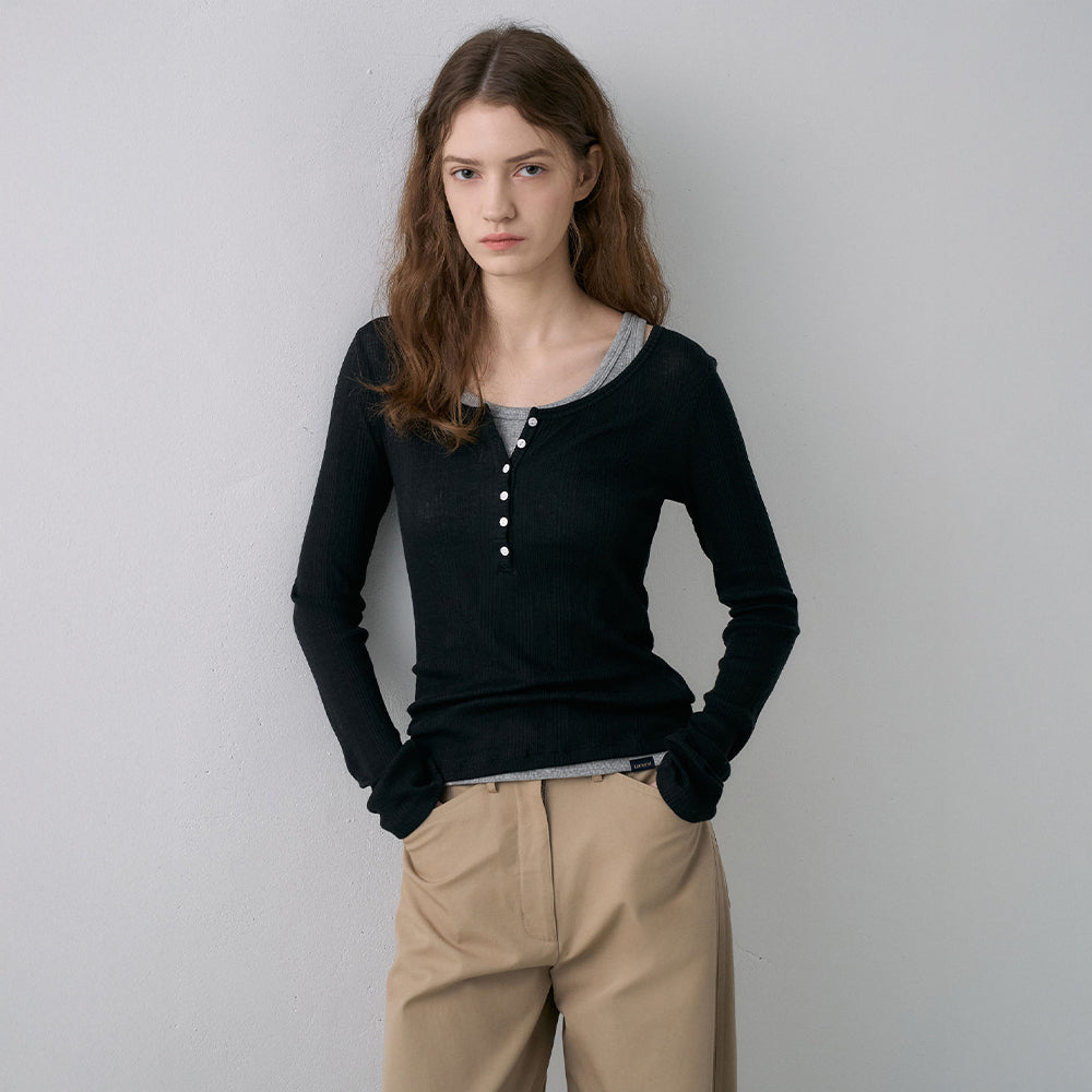 LAMEREI [5th ​​reorder]Button U-Neck T-Shirt[LMBFSPTT613]-4color