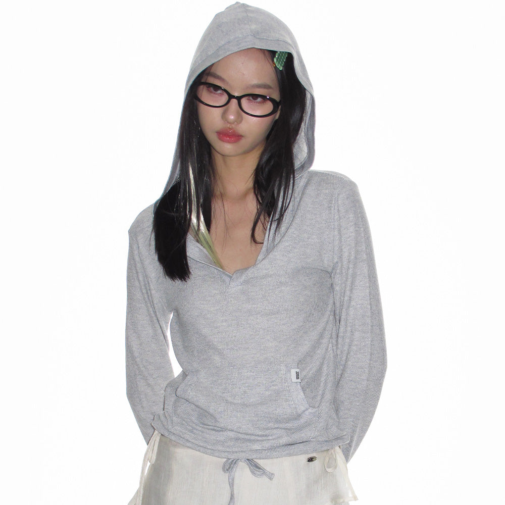 CRANK SOFT RIB HOODED TOP_LIGHT MELANGE GREY